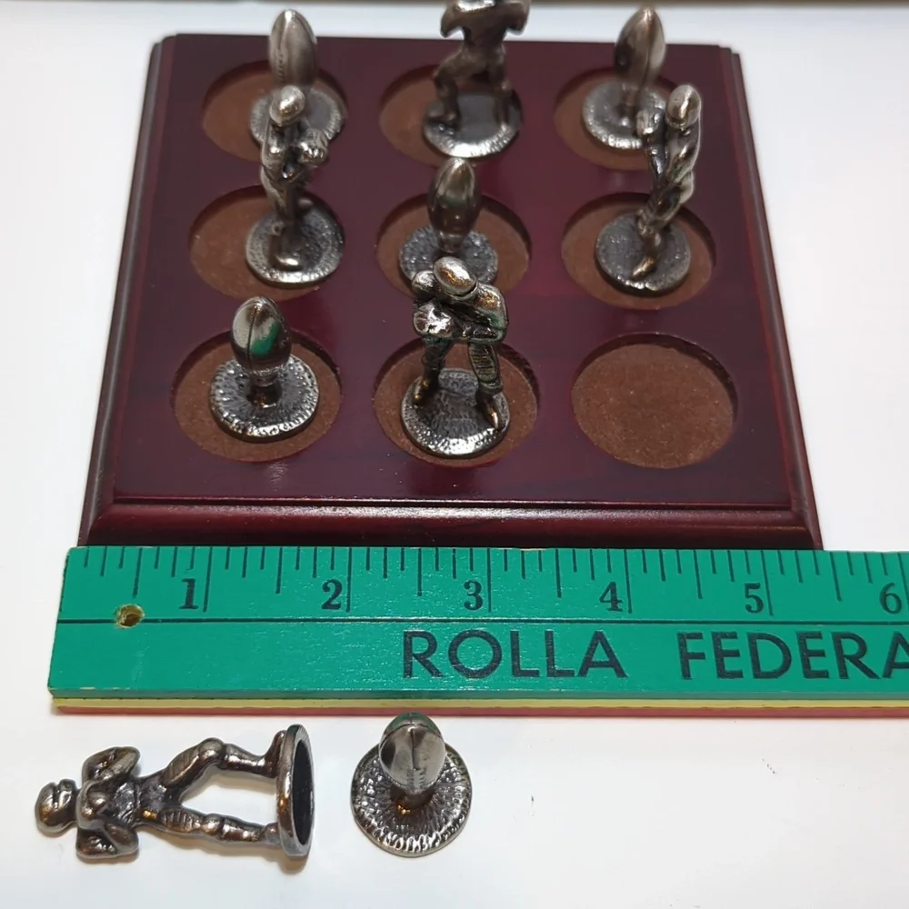 Pewter football players and footballs tic tac toe game with board